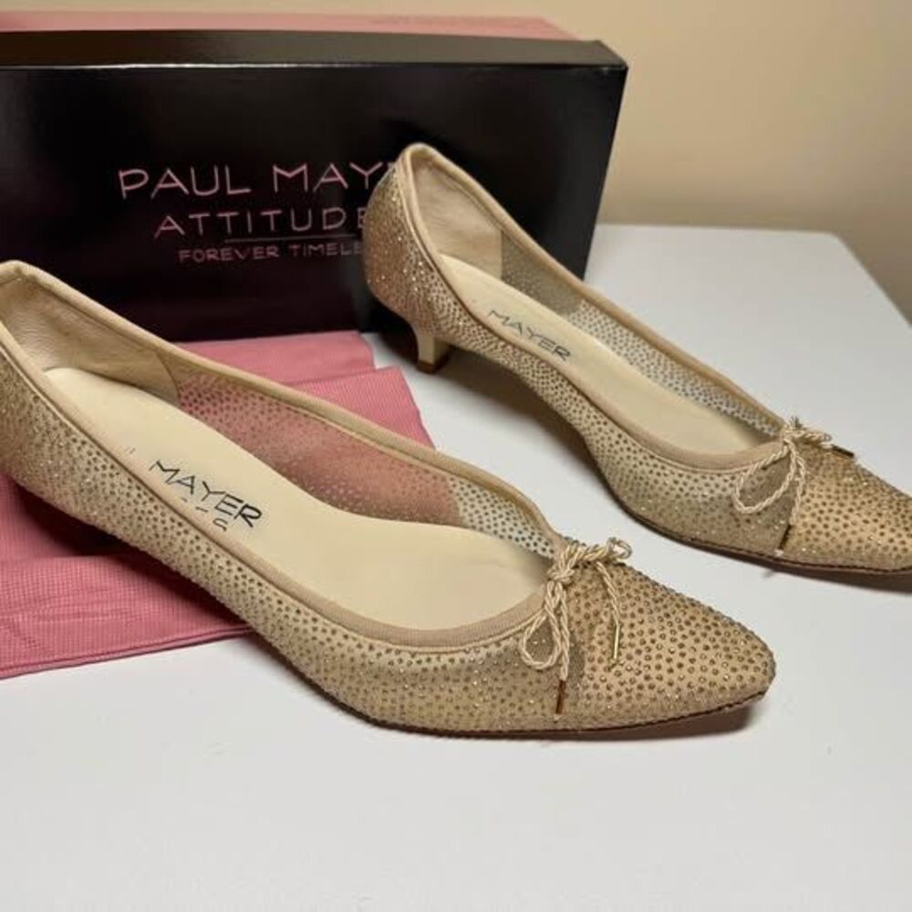 Paul Mayer Attitudes Rhinestone Mesh Kitten Heel Pumps - Gold Size 9B